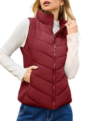Nonaira | Hot Sale-Womens Sleeveless Zip Up Outerwear Stand Collar Quilted Puffer Vest