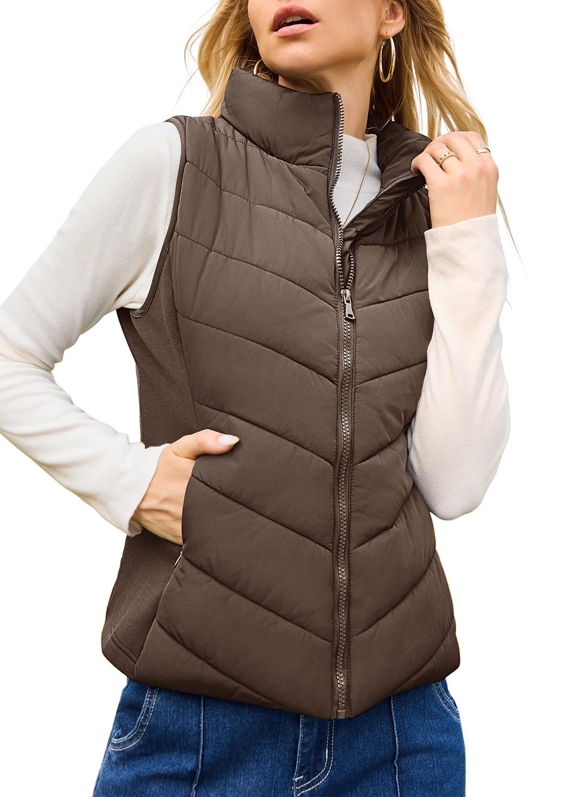 Nonaira | Hot Sale-Womens Sleeveless Zip Up Outerwear Stand Collar Quilted Puffer Vest