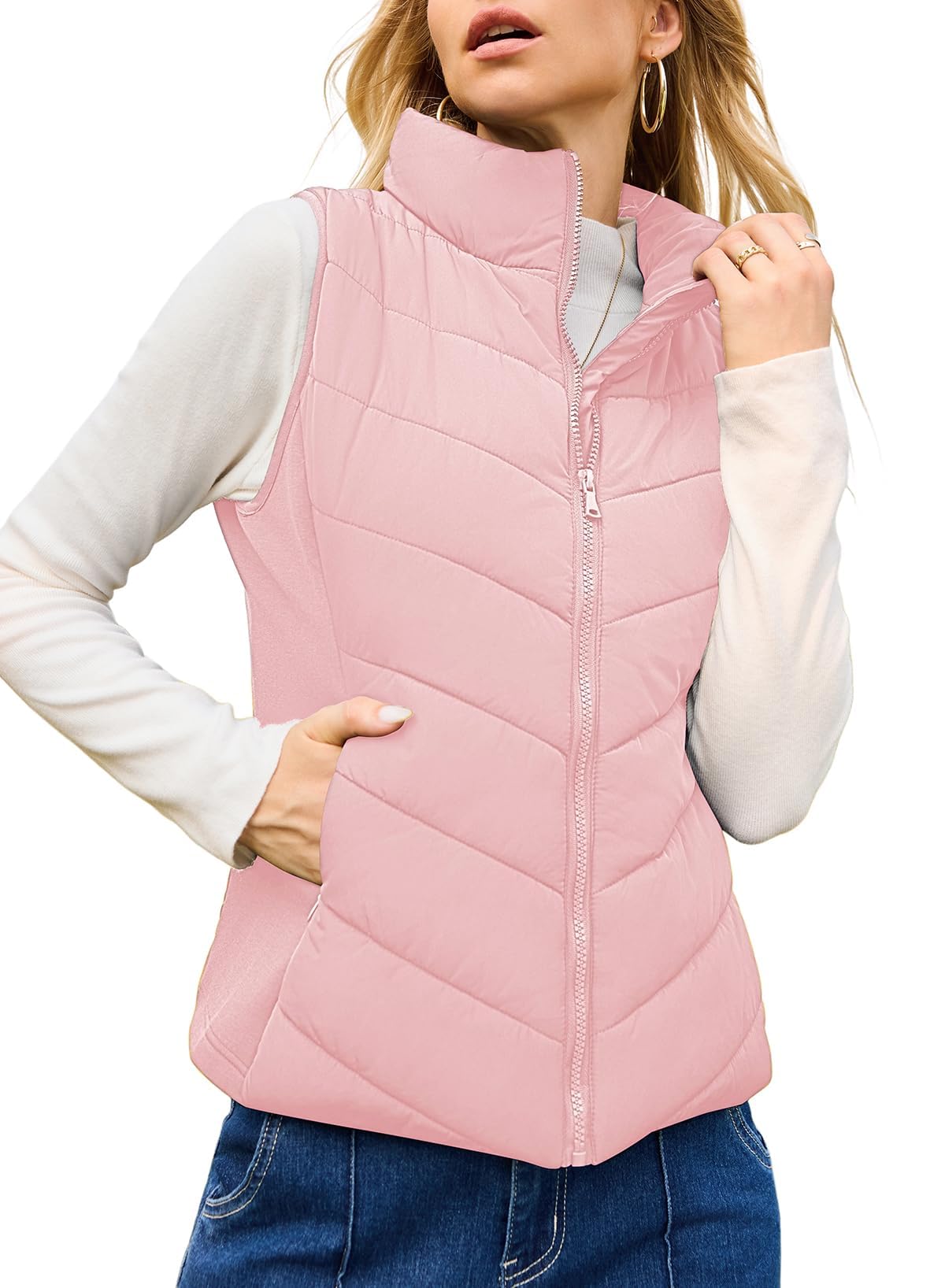 Nonaira | Hot Sale-Womens Sleeveless Zip Up Outerwear Stand Collar Quilted Puffer Vest