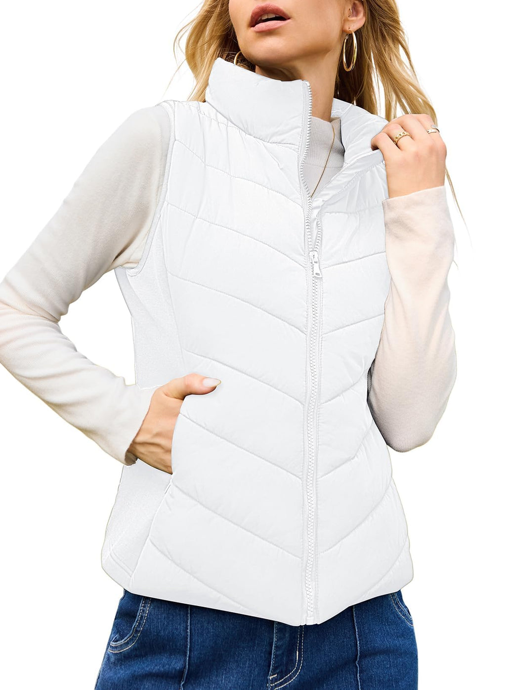 Nonaira | Hot Sale-Womens Sleeveless Zip Up Outerwear Stand Collar Quilted Puffer Vest