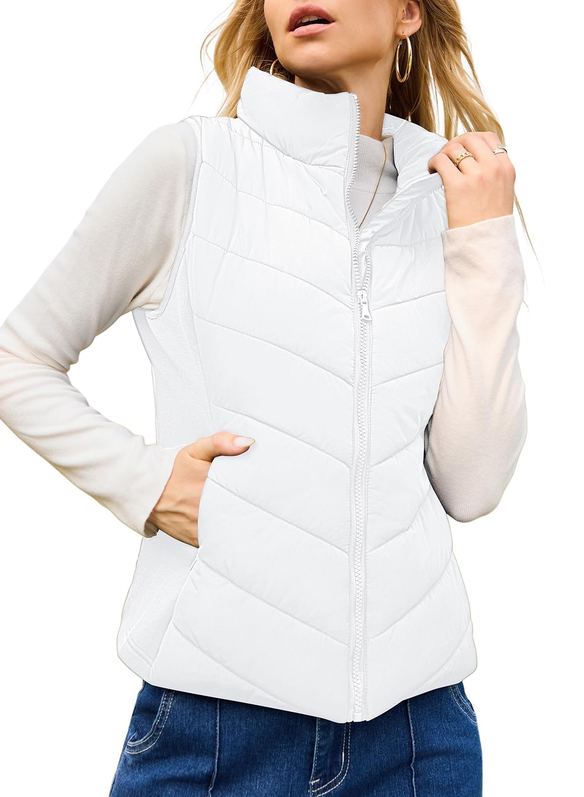 Nonaira | Hot Sale-Womens Sleeveless Zip Up Outerwear Stand Collar Quilted Puffer Vest