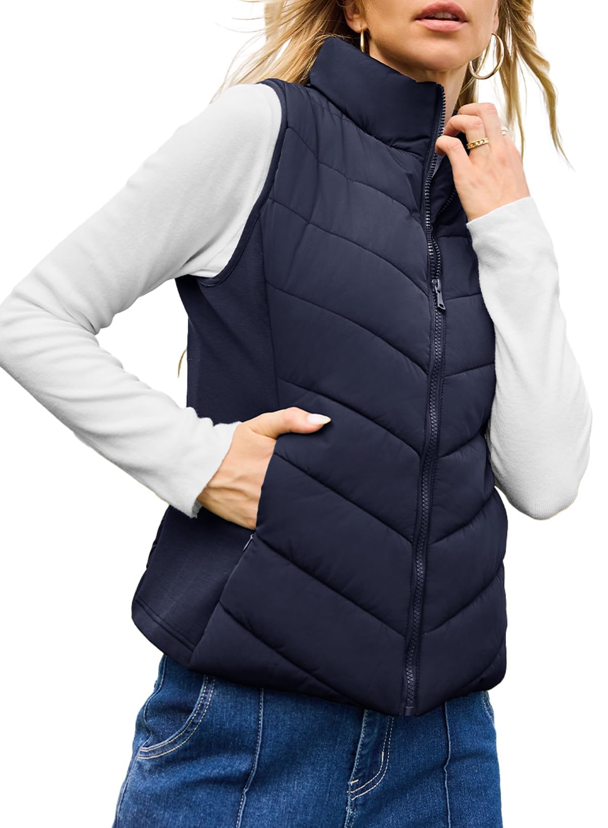 Nonaira | Hot Sale-Womens Sleeveless Zip Up Outerwear Stand Collar Quilted Puffer Vest