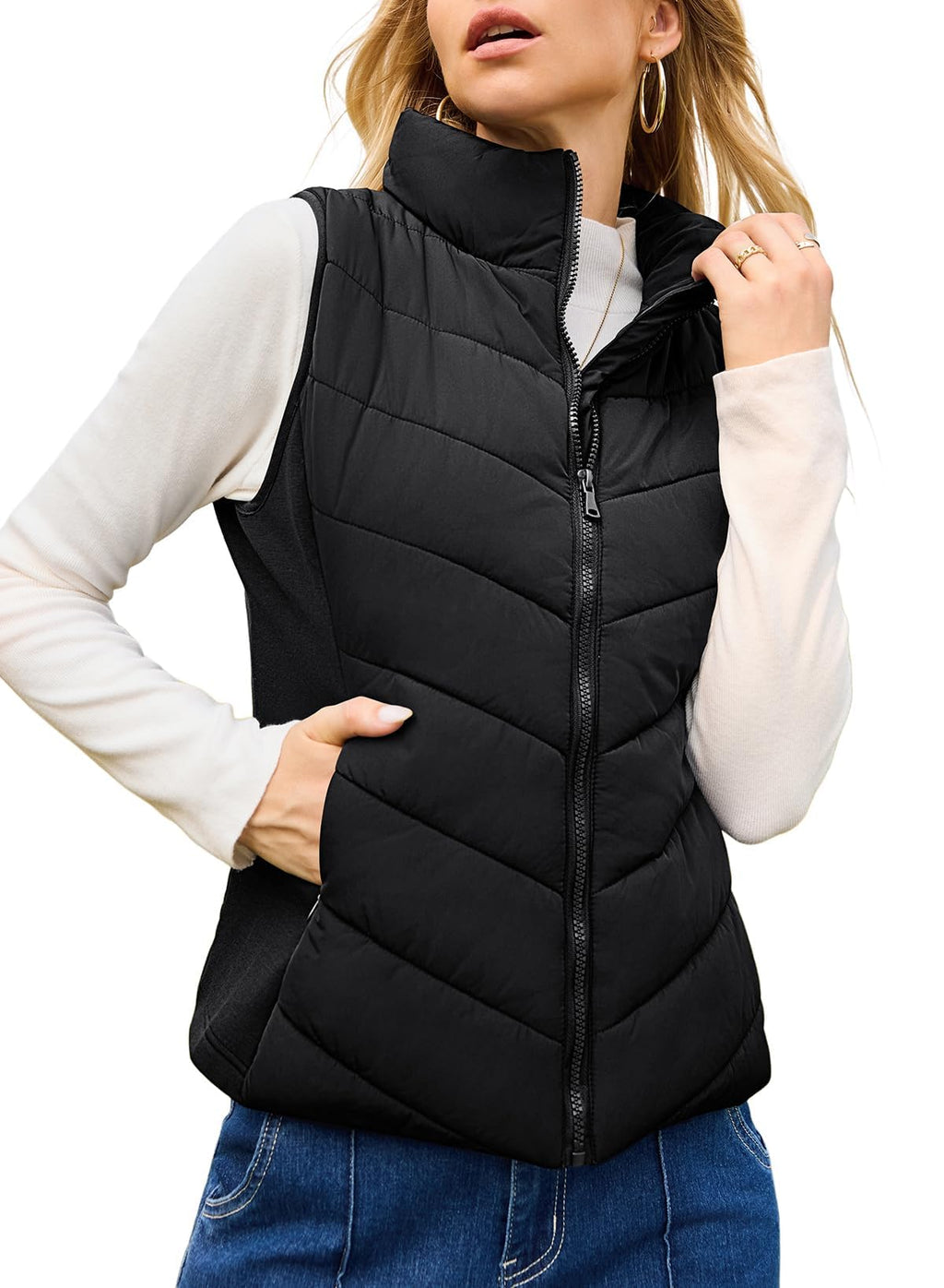Nonaira | Hot Sale-Womens Sleeveless Zip Up Outerwear Stand Collar Quilted Puffer Vest