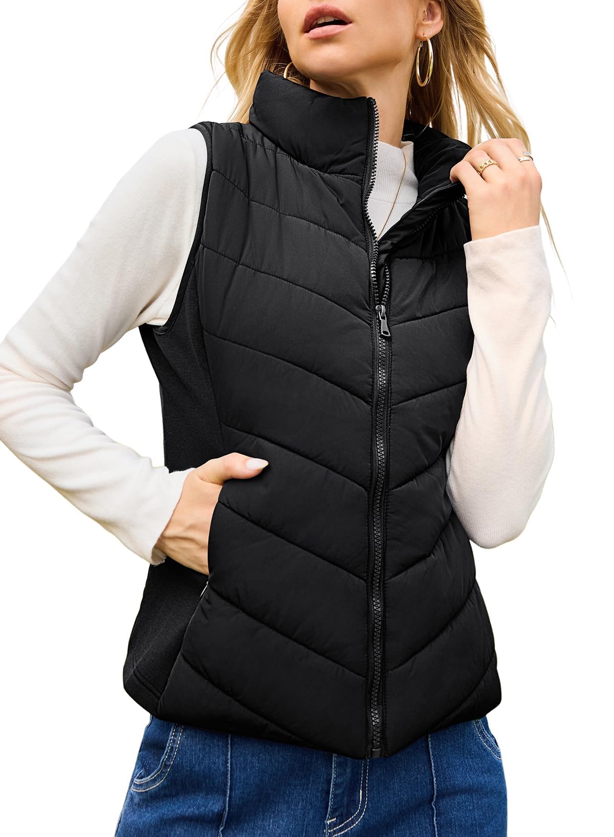 Nonaira | Hot Sale-Womens Sleeveless Zip Up Outerwear Stand Collar Quilted Puffer Vest