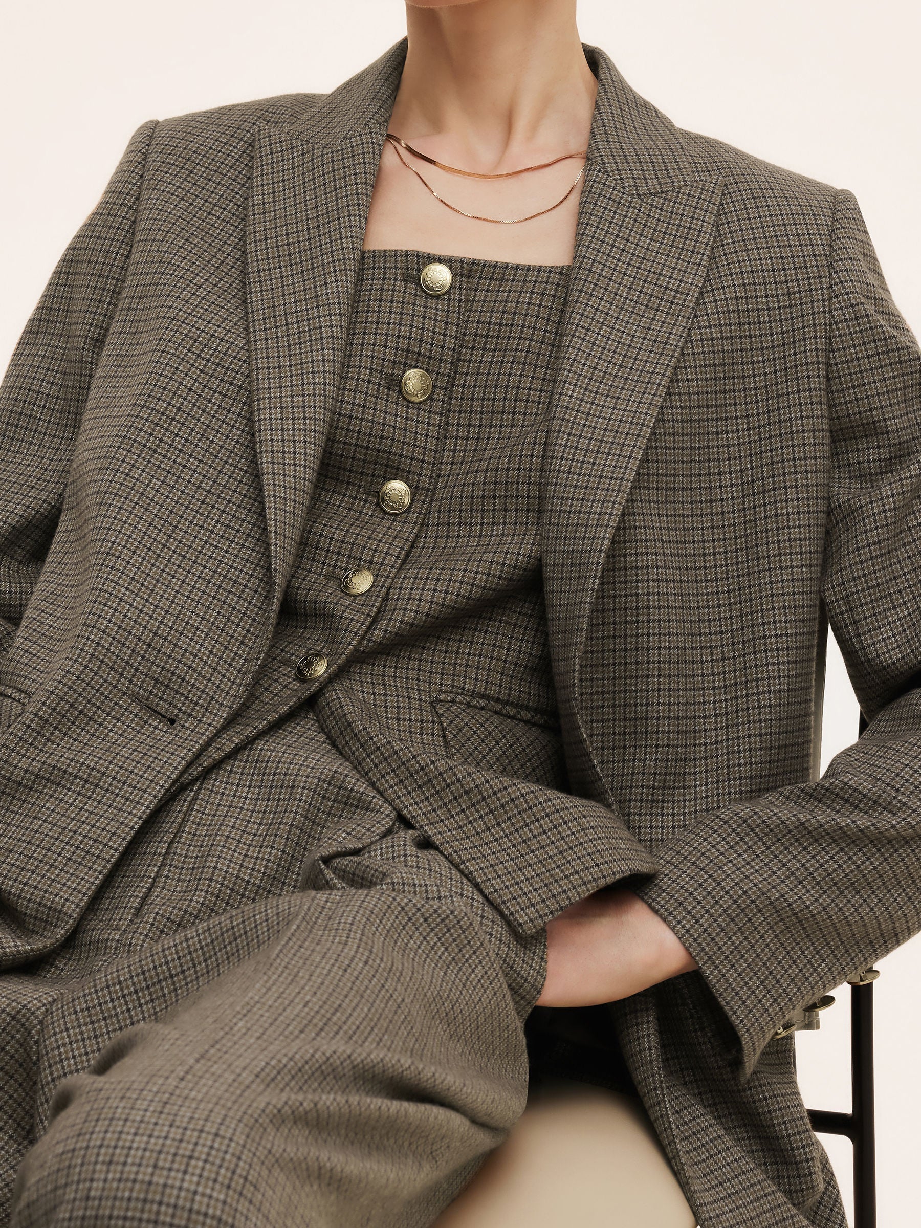 Women's Jacket with Check Pattern and Cut-Out Collar