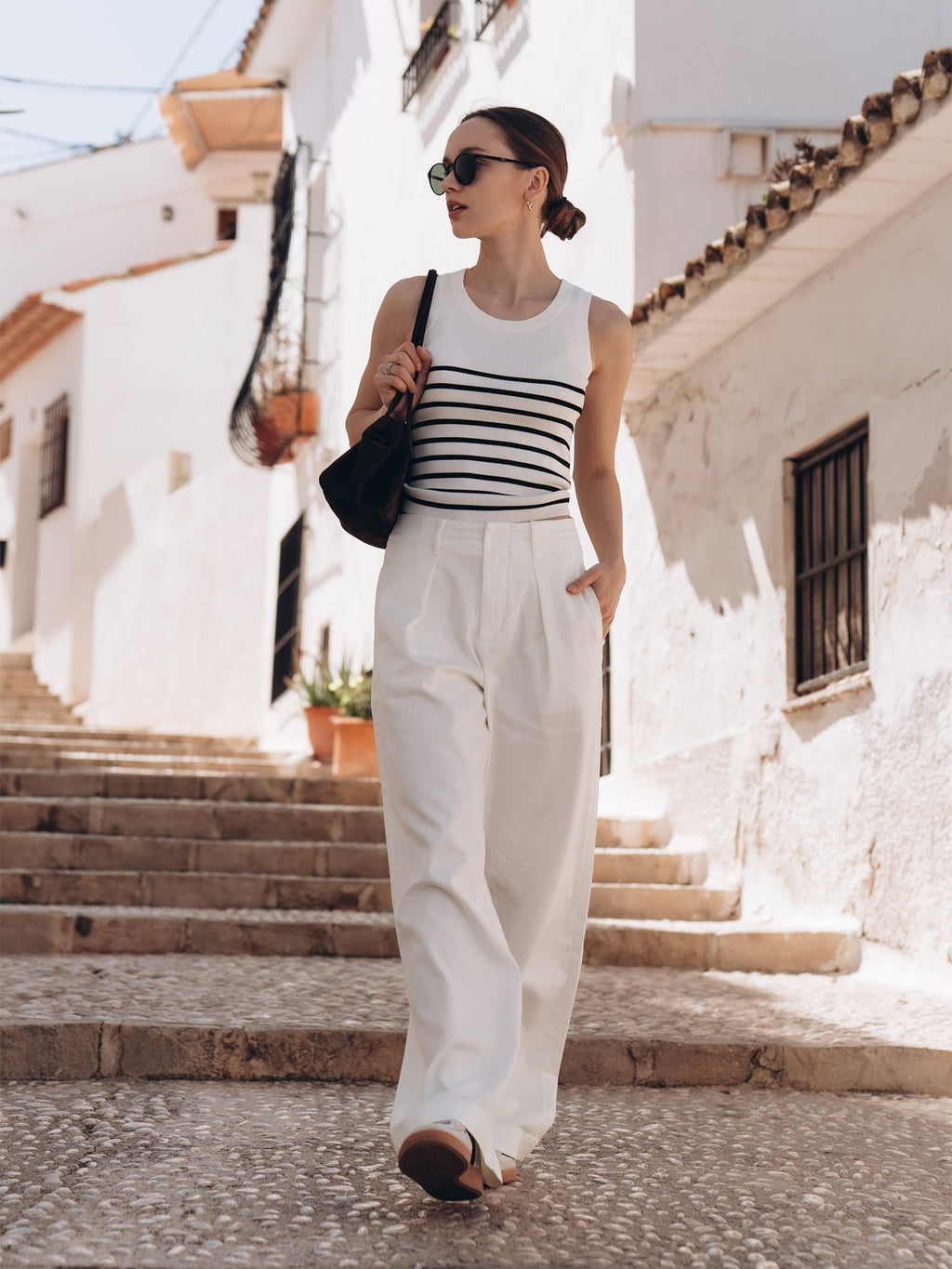 Tank top made of fabric with acetate and cotton stripes