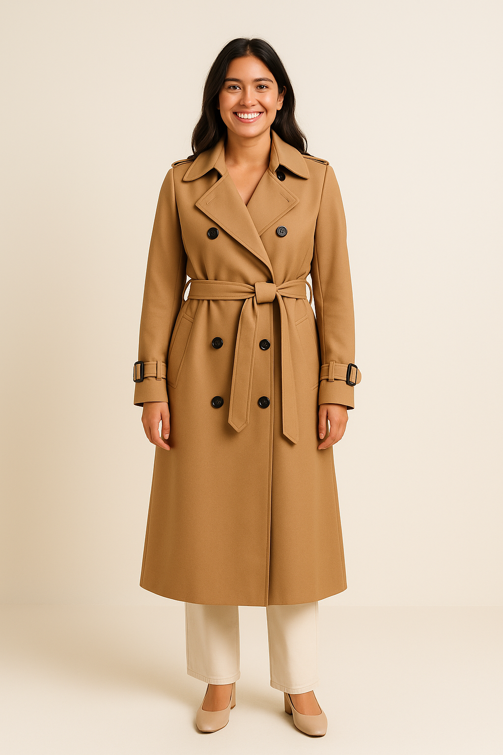HERBERGER | Elegant Women's Long Trench Coat with Belt and Button Placket