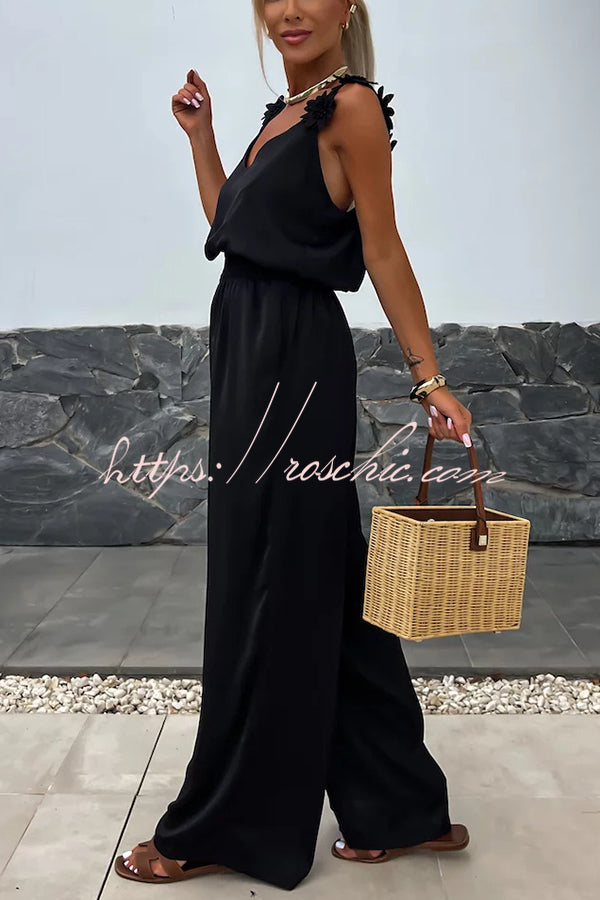 Arie | Solid Color Embroidered Flower Suspenders Casual Loose Jumpsuit