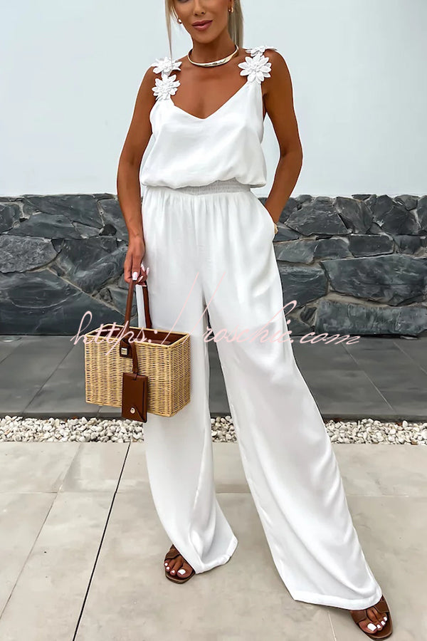 Arie | Solid Color Embroidered Flower Suspenders Casual Loose Jumpsuit