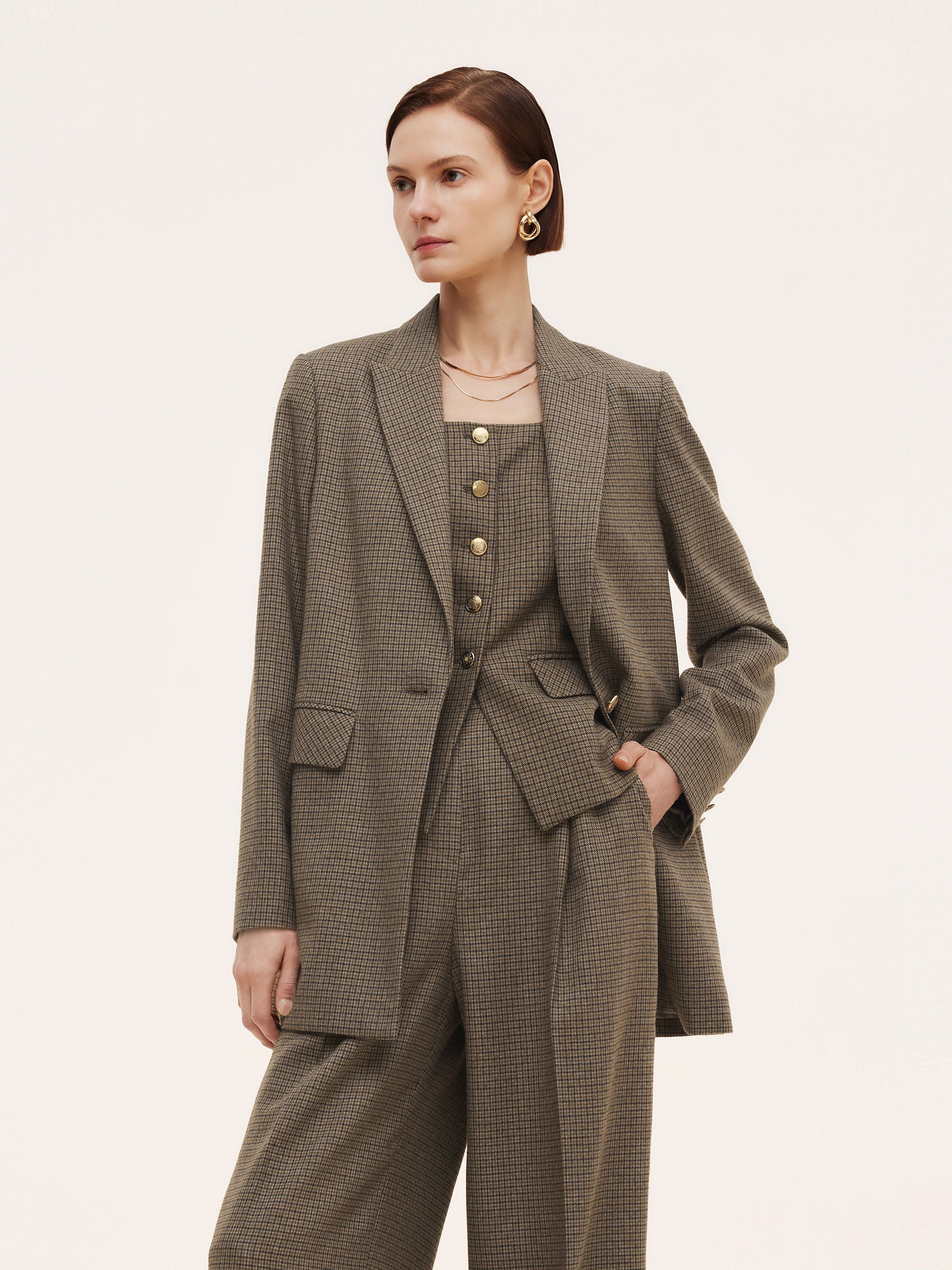 Women's Jacket with Check Pattern and Cut-Out Collar