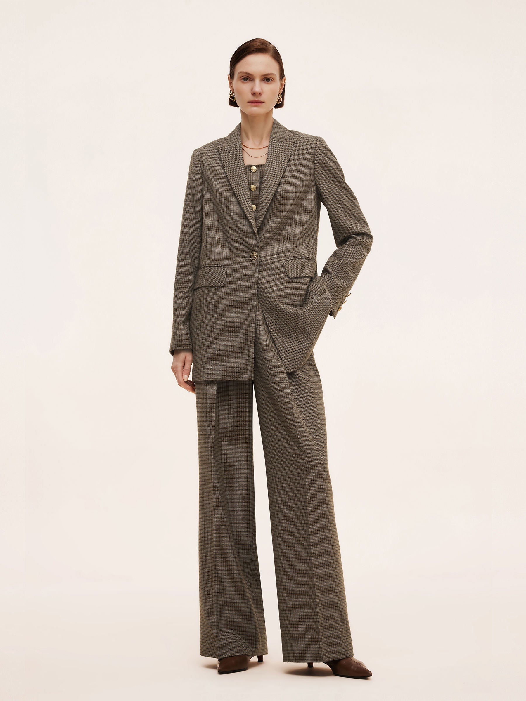 Women's Jacket with Check Pattern and Cut-Out Collar