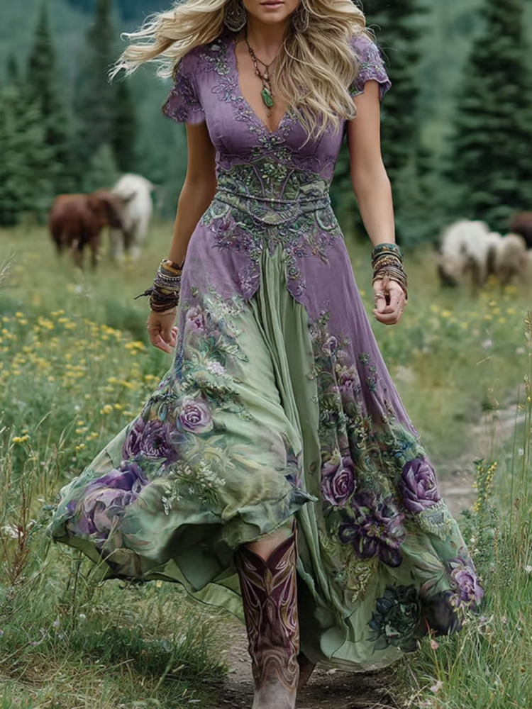 Marcina Elegant Maxi Dress with Floral Tones