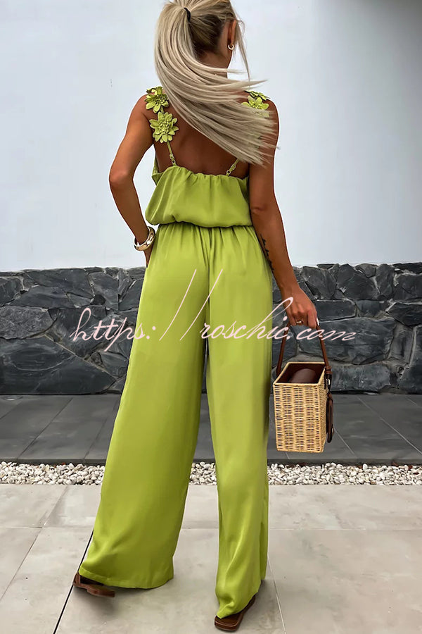 Arie | Solid Color Embroidered Flower Suspenders Casual Loose Jumpsuit