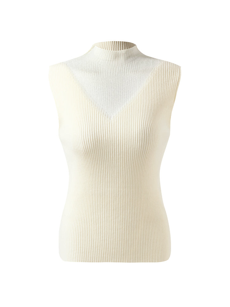 Patchwork Mock Neck Women's Knitted Sleeveless Top