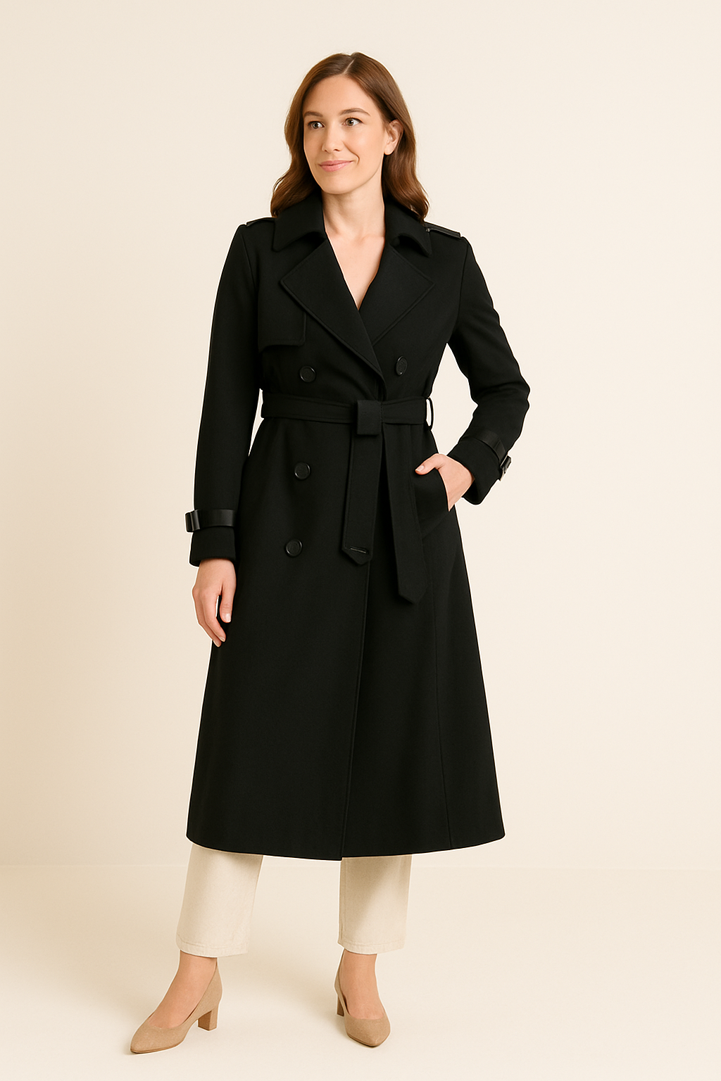 HERBERGER | Elegant Women's Long Trench Coat with Belt and Button Placket