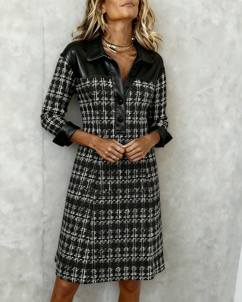 Cllaette | Long Sleeve Patchwork and Houndstooth Dress
