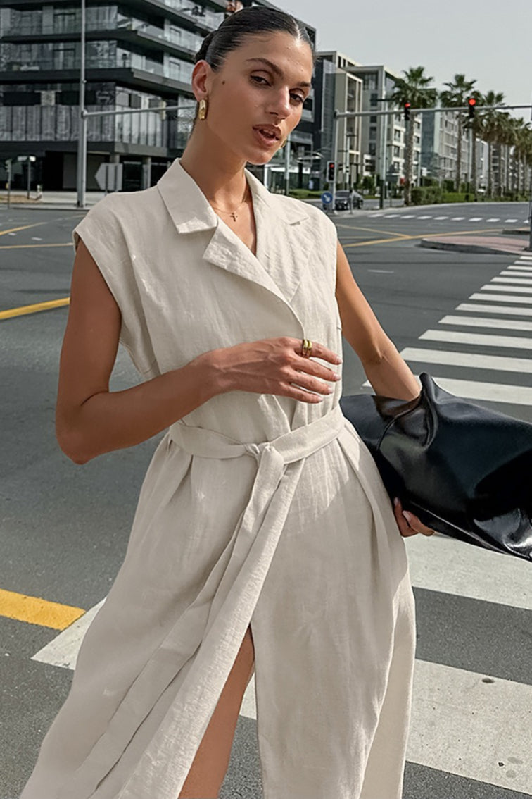 Alouette | Linen Cotton High Waist Slit Tie Maxi Dress