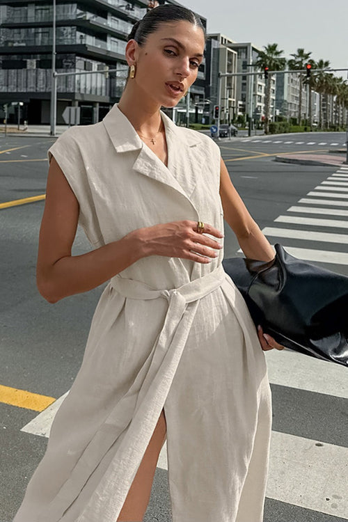 Alouette | Linen Cotton High Waist Slit Tie Maxi Dress