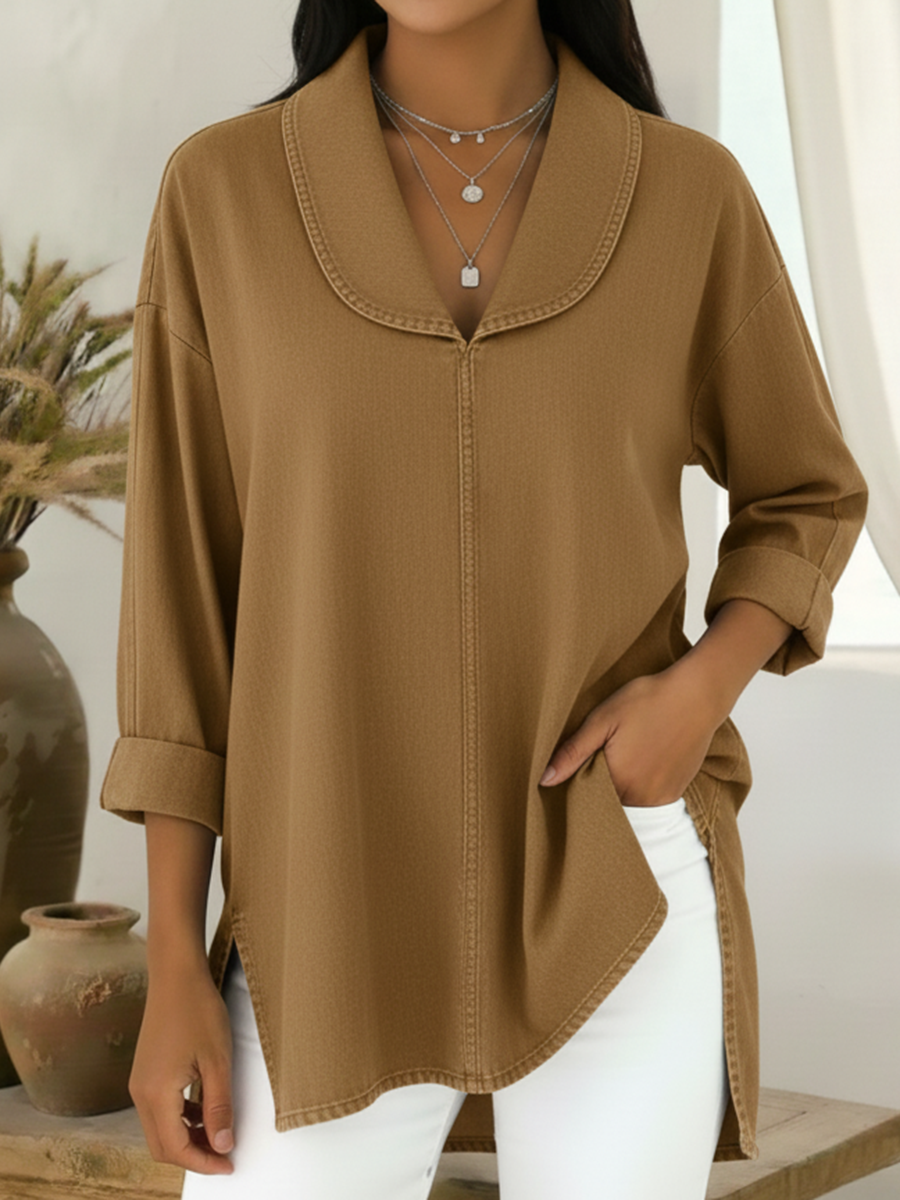 Gaetanaa | Retro Jeans Blouse with Shawl Collar