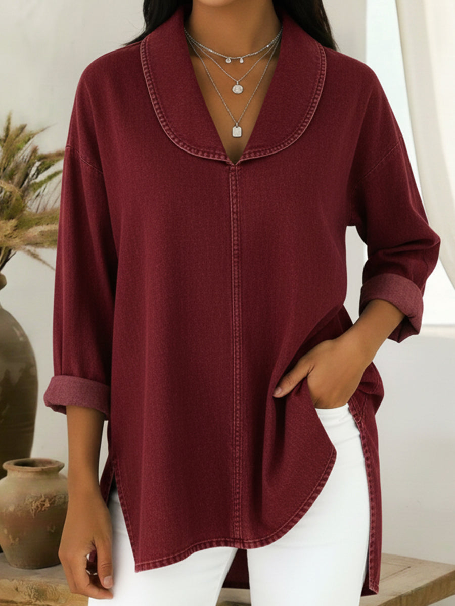 Gaetanaa | Retro Jeans Blouse with Shawl Collar