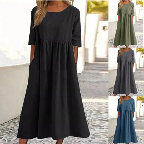 Charlotte™ - Cotton Dress with Round Neck and Pockets