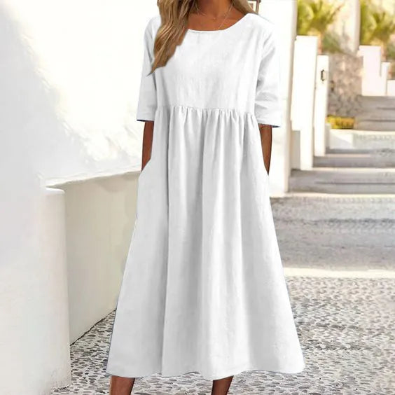 Charlotte™ - Cotton Dress with Round Neck and Pockets