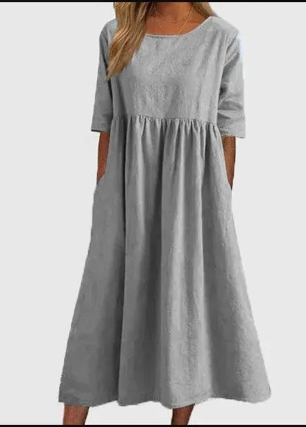 Charlotte™ - Cotton Dress with Round Neck and Pockets