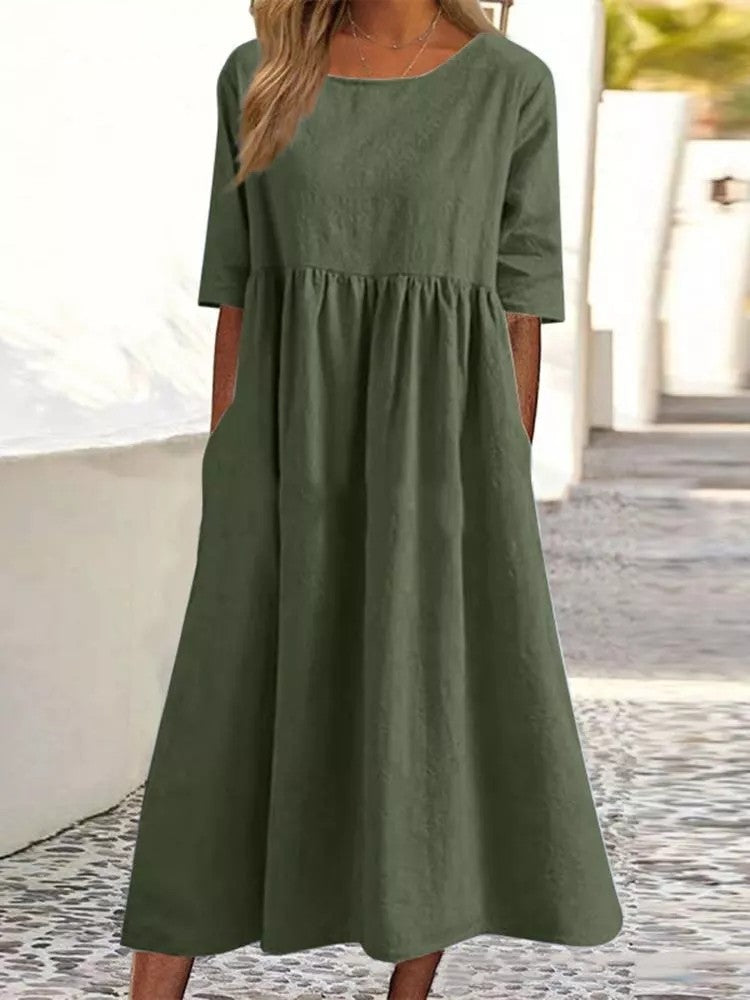 Charlotte™ - Cotton Dress with Round Neck and Pockets