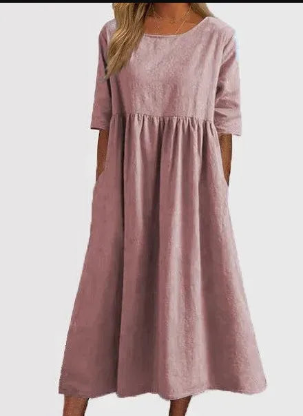 Charlotte™ - Cotton Dress with Round Neck and Pockets