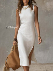 Midi Dress with Stand Collar and Slit, Made of Cotton and Linen