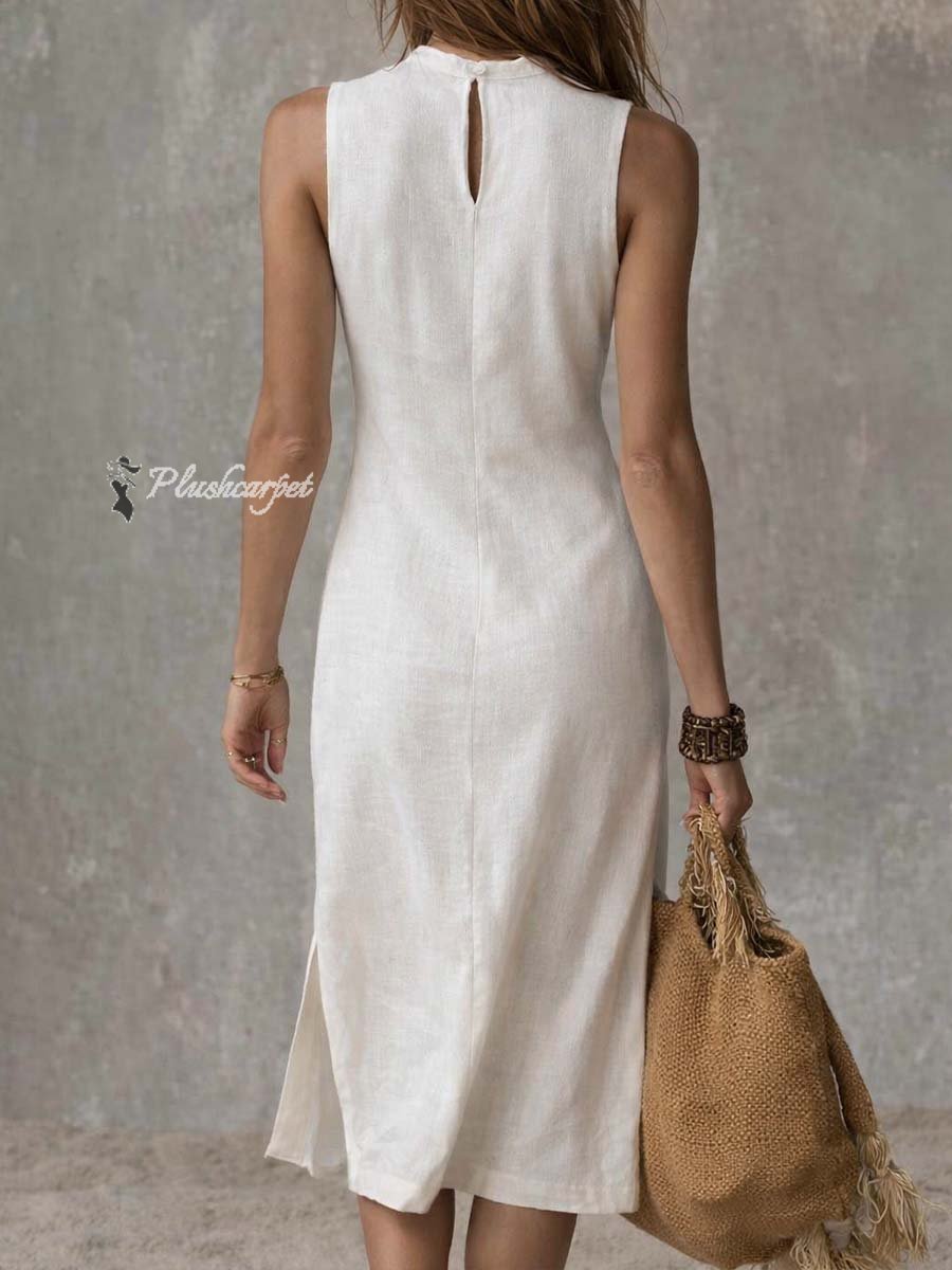 Midi Dress with Stand Collar and Slit, Made of Cotton and Linen